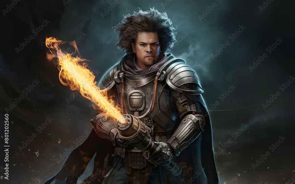 Fototapeta premium A man in armor standing strong, holding a flame in his hand. Generative AI