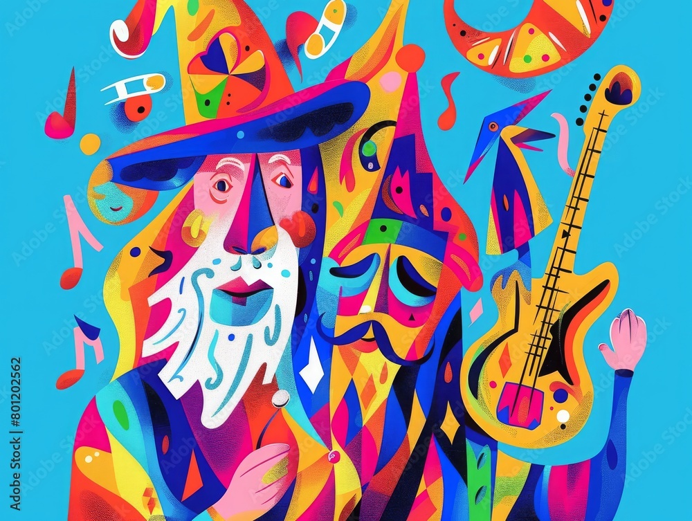 Obraz premium Abstract Art,music, snack avatar, caricature, wizard, Blue, apricot, and red