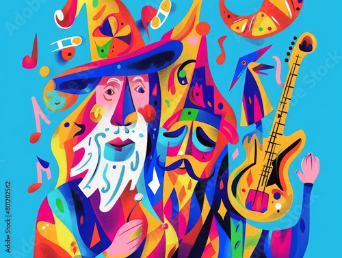 Abstract Art music  snack avatar  caricature  wizard  Blue  apricot  and red
