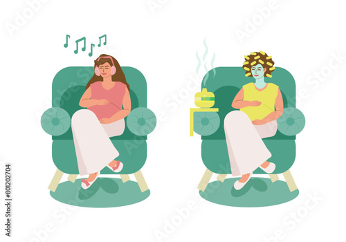 Set, a pregnant young woman sits in a chair and relaxes, listens to music on headphones, makes a cosmetic face mask, inhales the aroma of an aroma lamp. Maternity, pregnancy, maternity leave. 