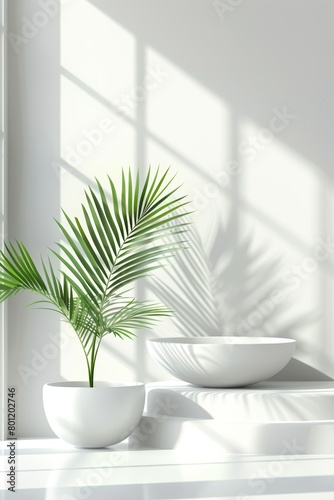 Stylish white podium for presenting products in a lush and vibrant tropical garden environment