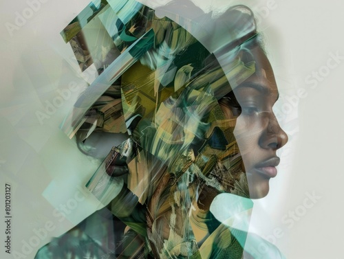 Enigmatic artist Nardo merges cultural dichotomies with semiotic dissonance, painting with prism effect shot, revealing layers of hidden meanings., Sage and pine green