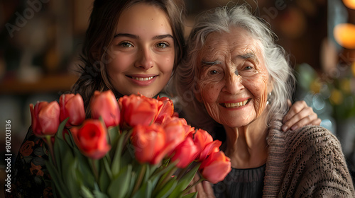 Caring middle-aged woman hugging her senior grey-haired mother in glasses standing together at home laughing enjoy positive friendly talk and time together. Multi-generational family, ties and love Se © TP SHOTS