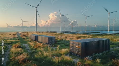 Black containers standing in a field, with large wind turbines and solar energy panels, green energy. Generative AI.
