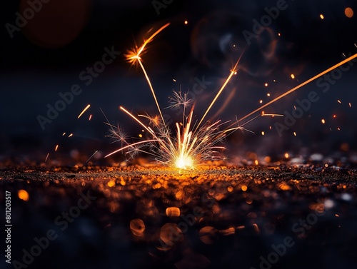 A close-up shot of a bright sparkler igniting with vibrant sparks scattered against a dark, bokeh background.