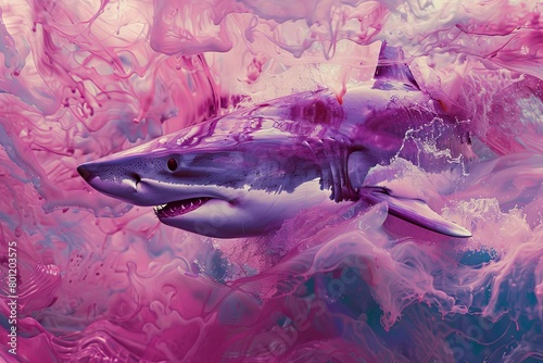 Hyperealistic Shark emerging from a bleached sea  mystery in its gaze  trunk shot for intensity. Low noise  no overlay.  Exuberant pink  magenta  grape  indigo