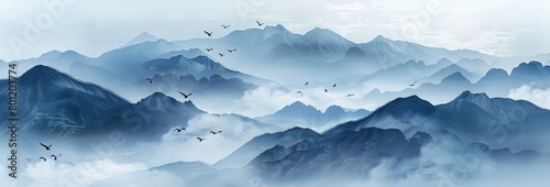 a painting of a flock of birds flying over a mountain range