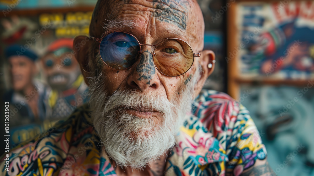 Elderly tattooed man with glasses Elderly tattooed man with glasses
