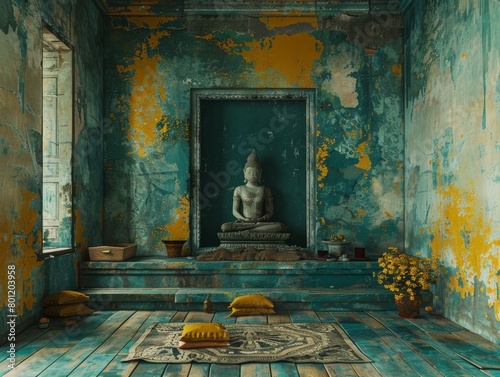 In the heart of mystical shadows, a wanderer interprets ancient symbols amidst Thai temples, revealing stories untold. POV captures the fusion of past and abstract visions., Navy blue, neon green, can