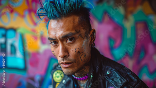 Man with tattoos and mohawk against graffiti