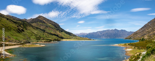 the view of lake Hawea.  It is in the Otago Region New Zealand,  at an altitude of 348 metres. It covers 141 km² and reaches 392 metres deep. photo