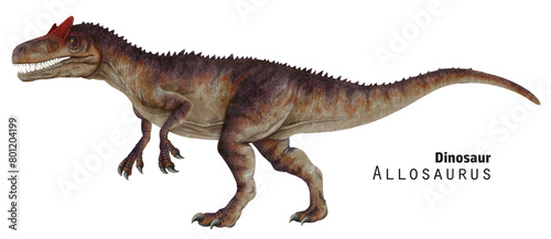 Allosaurus illustration. Dinosaur with open jaws. Ancient animal predator. Brown beige dino