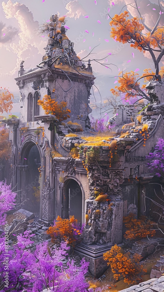 Fototapeta premium Time-traveler, in search of Dharma's essence, finds a novel amid ruins, a hyperrealistic portrayal of beauty in destruction, a silent story of resurgence., Lilac, gray and orange