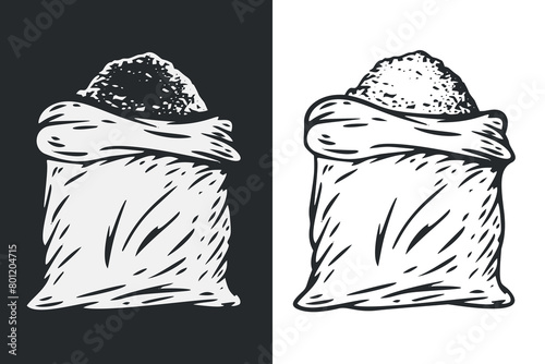 Hand draw open full sack, or container with flour, grain, cereal, salt or sugar in monochrome sketch style. Set of agriculture organic food package. Engraving vintage vector illustration.