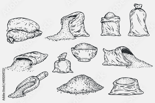 Hand draw open and close full sack, or container, bowl with flour, grain or sugar in monochrome sketch style. Set of agriculture organic food. Engraving vintage vector illustration.