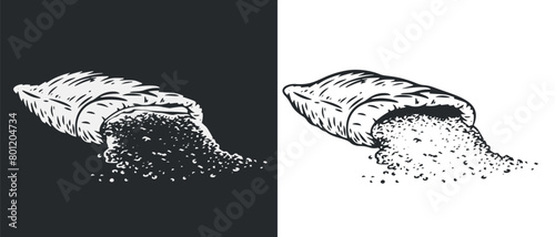 Hand draw open full sack, or container with flour, grain, cereal, salt or sugar in monochrome sketch style. Set of agriculture organic food package. Engraving vintage vector illustration.
