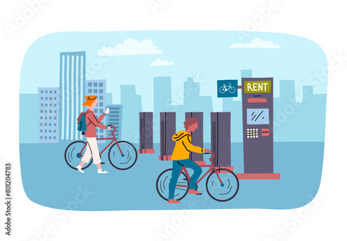 Cartoon Color Characters People and Bike Rental in Town Afternoon Concept Flat Design Style. Vector illustration of Transport Rent Station