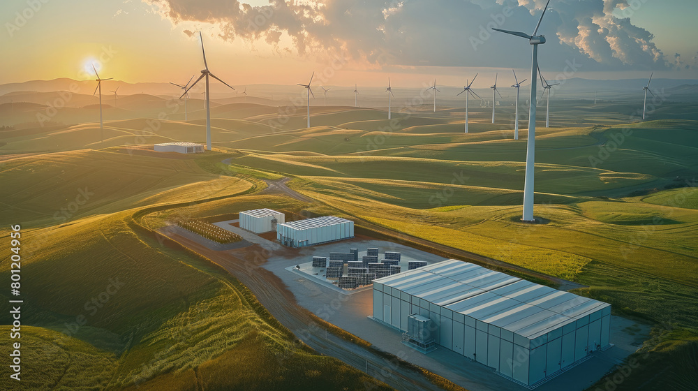 Fototapeta premium An aerial view of a battery energy storage system with a substation in a green landscape and windmills in the background. Generative AI.