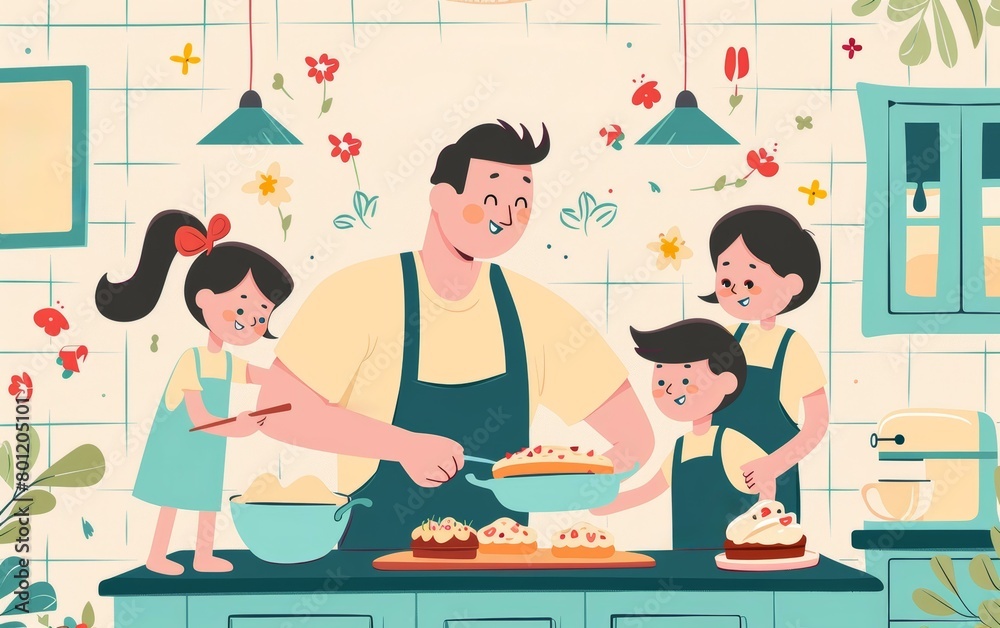 A charming illustration of a father cooking with his kids, celebrating Happy Fathers Day. A charming illustration of a father cooking with his kids, celebrating Happy Fathers Day.