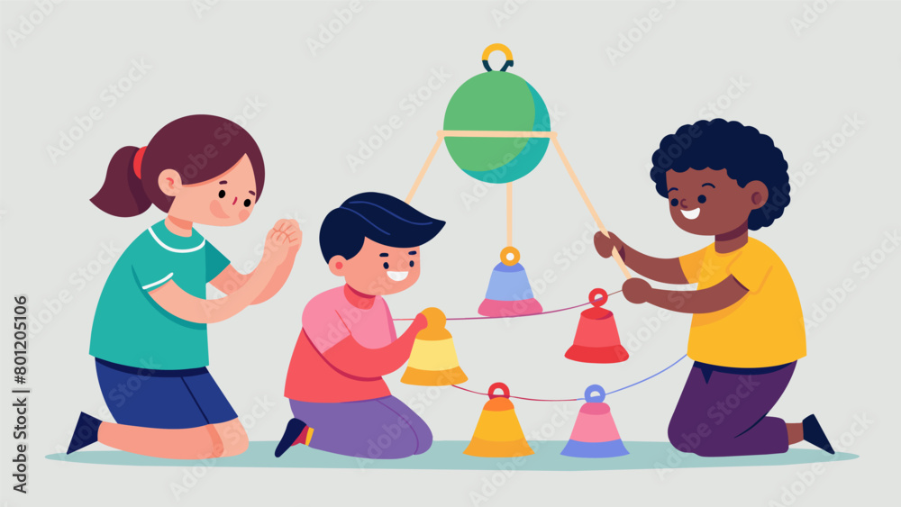 With focus and determination children wrap colorful threads around their bells weaving a physical representation of their hopes and dreams.. Vector illustration With focus and determination children wrap colorful threads around their bells weaving a physical representation of their hopes and dreams.. Vector illustration