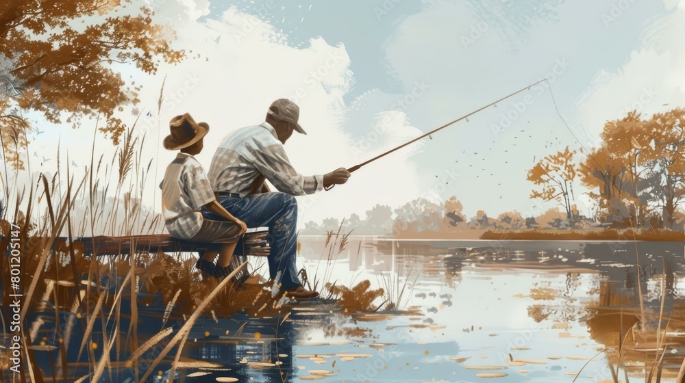 A stylized sepia-toned artwork showing an older man and a young boy, presumably father and son, fishing together by a calm lake, under a trees shade. A stylized sepia-toned artwork showing an older man and a young boy, presumably father and son, fishing together by a calm lake, under a trees shade.
