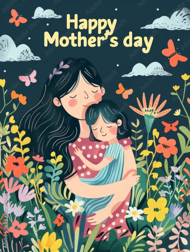 An illustrated Mothers Day card depicting a loving hug between a mother and child surrounded by a lush, floral scene under a starry night.