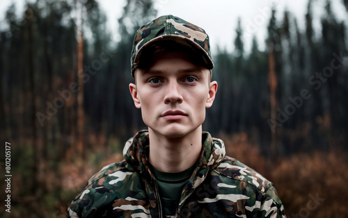 Portrait of a military young man in a cap and camouflage jacket in the autumn forest. photo