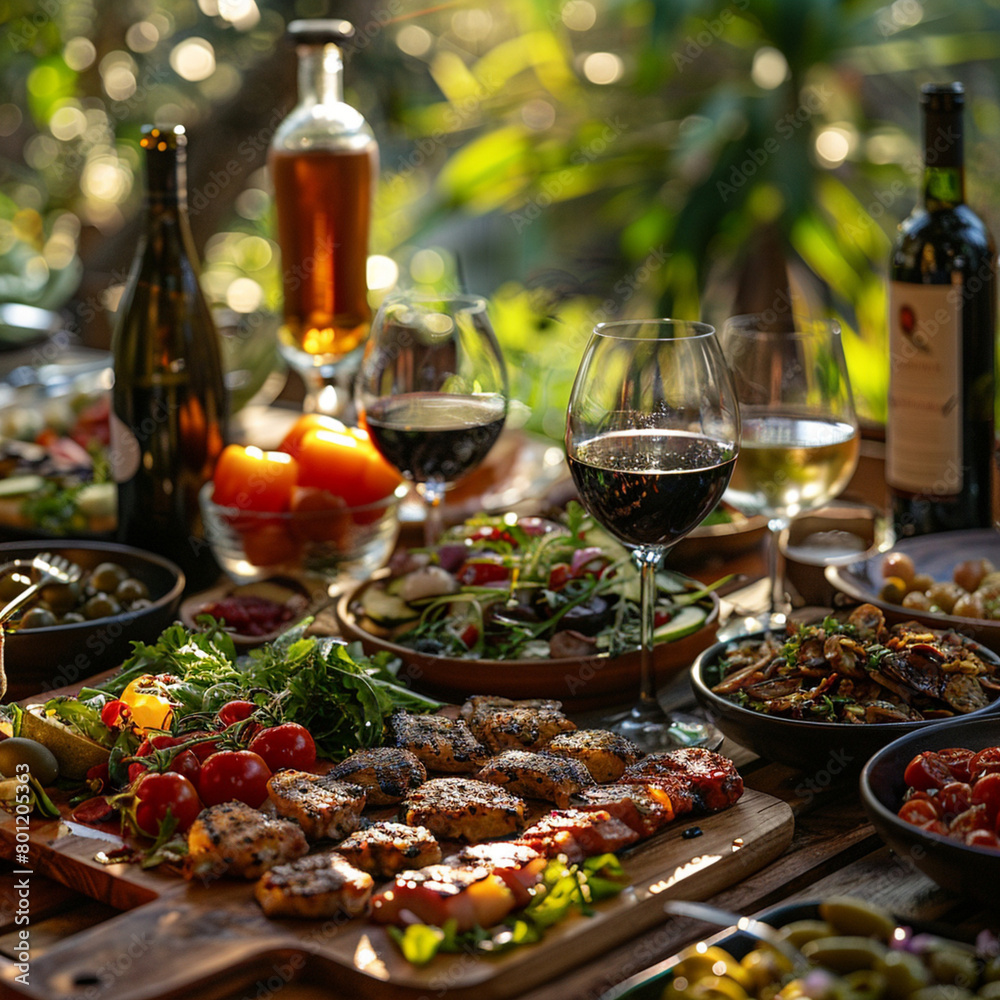 Outdoors Dinner Table with delicious grilled meat, Fresh Vegetables, Salads and wine.