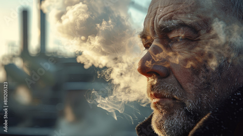 Mature man exhaling vapor in cold weather.