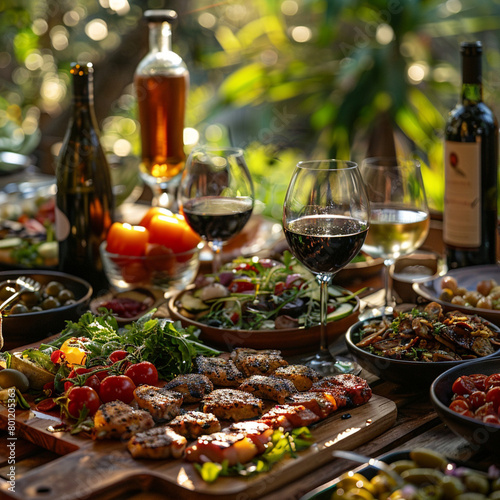 Outdoors Dinner Table with delicious grilled meat  Fresh Vegetables  Salads and wine.