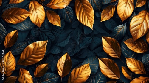 Black and gold leaves pattern on a dark background in the style of a vector illustration. High-end textured wallpaper design with ultrahigh definition resolution. Generative AI.