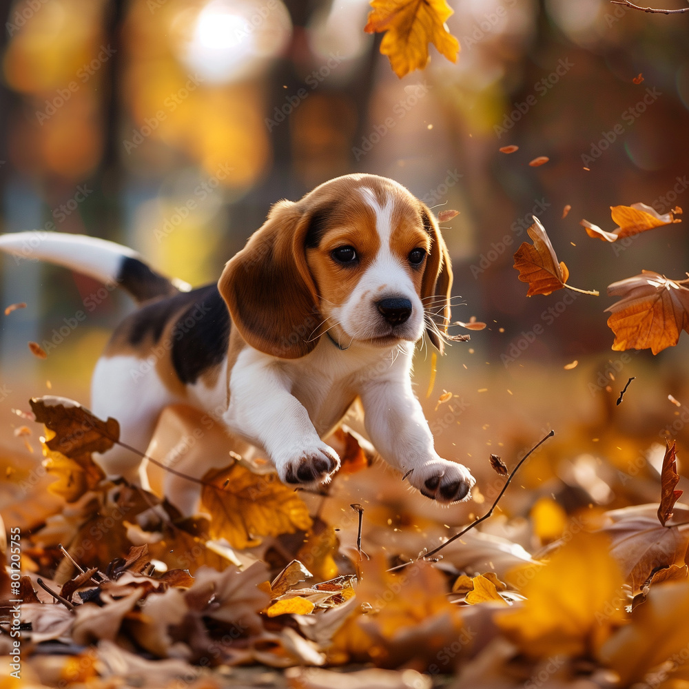 落ち葉の中のビーグル犬 落ち葉の中のビーグル犬