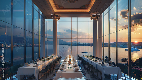 Luxury hotel banquet under a tower mass situated at the cape, facing the lake directly ahead with a view of the city in the distance. Generative AI. photo