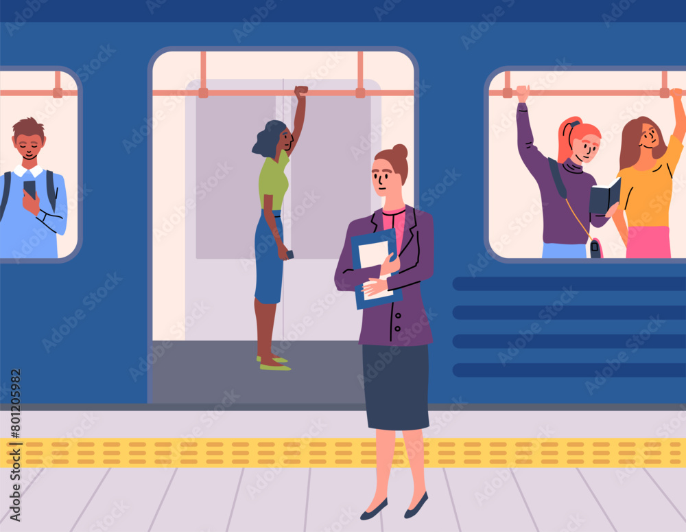 Obraz premium Cartoon Color Characters People and Subway Station with Train Concept Flat Design Style. Vector illustration of Public Transport