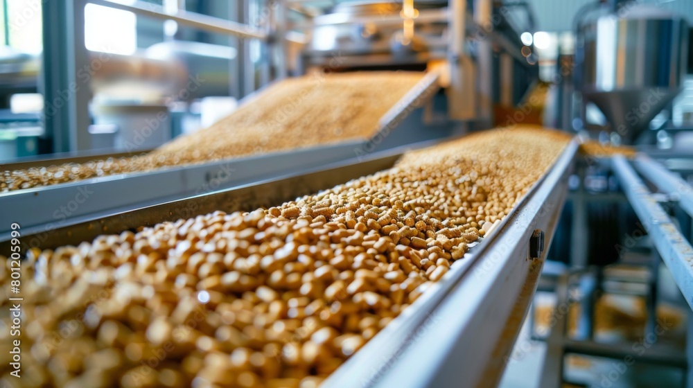 Fototapeta premium Manufacturing process where a conveyor belt transports biobased pellets through a high&nbsp;-&nbsp;efficiency drying stage,&nbsp;preparing them as sustainable raw materials for eco&nbsp;-&nbsp;friendly adhesive production