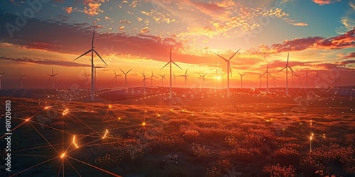 An electric landscape where clean energy sources intertwine like threads of light. an optimistic vision of energy production and distribution. solar panels capturing the sun energy. Generative AI.