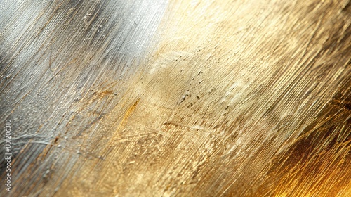 close up brushed gold gardient to silver metal texture background. abstract luxury hairline metallic in gold and silver color bakground. gold with grey polished metal, steel texture. photo