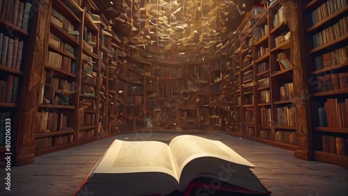 A magical library with a fairy tale atmosphere of books. Generated with AI photo