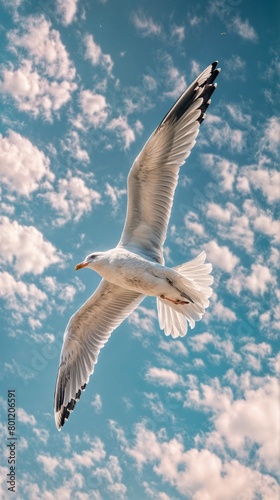 AI-generated illustration of a seagull in flight with wings spread against a blue sky © Wirestock