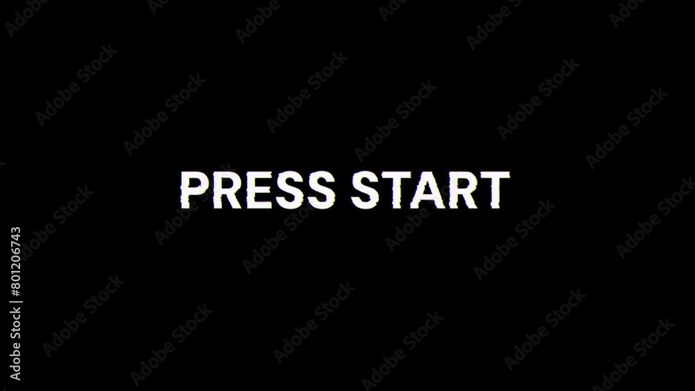 Press start text with screen effects of technological failures. Spectacular screen glitch with various kinds of interference. Looped