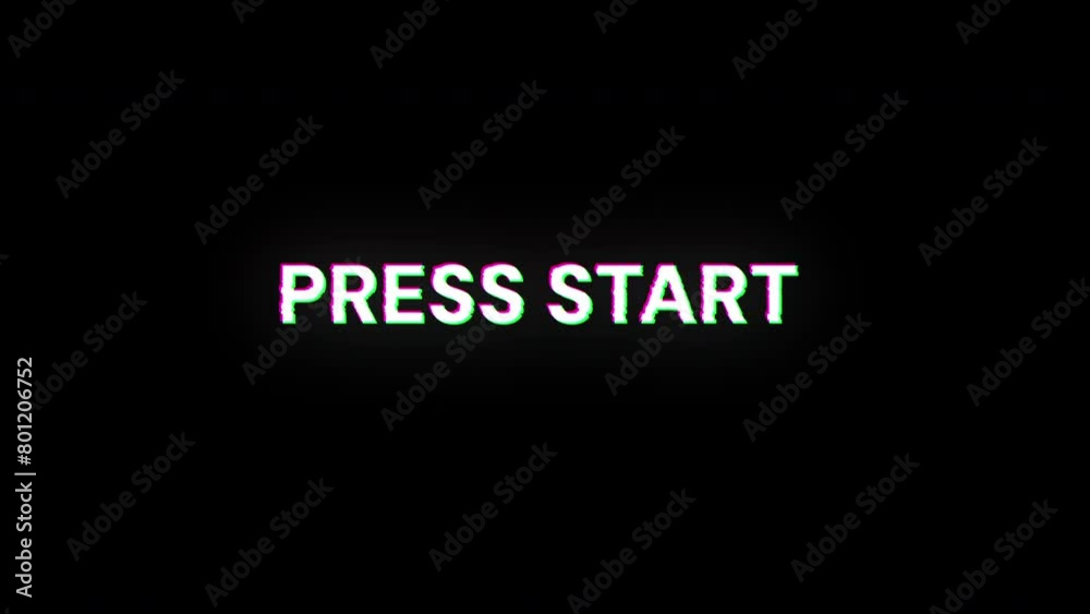 Press start text with screen effects of technological failures. Spectacular screen glitch with various kinds of interference. Looped Press start text with screen effects of technological failures. Spectacular screen glitch with various kinds of interference. Looped