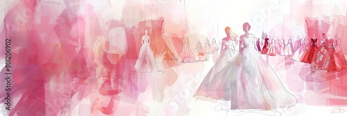 This ethereal watercolor illustration captures a bridal fashion show, perfect for promoting wedding dress designs and bridal event themes.