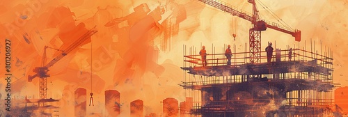 A dynamic watercolor illustration of a bustling urban construction site with workers and cranes, ideal for presentations and reports on urban development and construction.