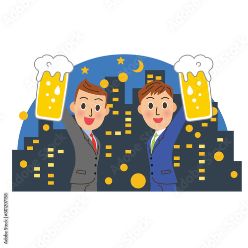 夜の飲み会でビールで乾杯する会社員