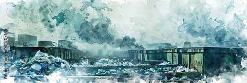 This watercolor painting showcases a busy recycling plant, emphasizing environmental responsibility and waste management. photo