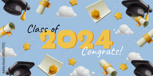 Class of 2024 congrats 3D graduation vector banner with cartoon, hats stars and diplomas flying in the blue sky with clouds. Celebration ceremony background with three dimensional render objects.