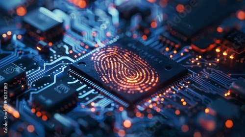 Microchip integrated with a unique fingerprint pattern, symbolizing advanced biometric identification technology for secure access and authentication