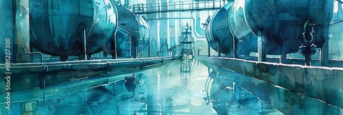 A striking abstract rendering of industrial machinery in shades of blue  offering a unique artistic take on industrial themes.