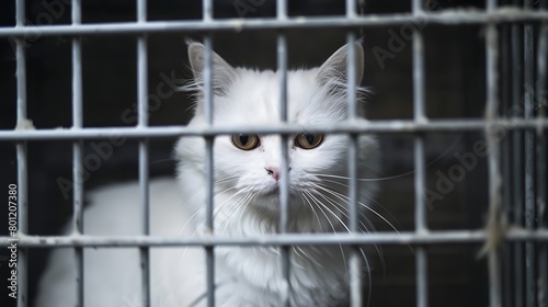 A white cat in a cage