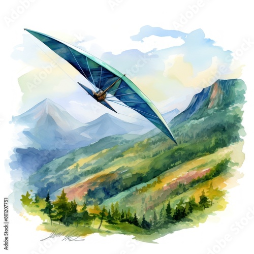 Hang gliding over a lush valley vibrant watercolor clipart photo